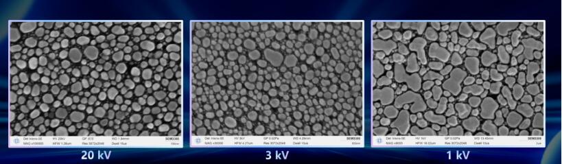 Images of standard gold particles at different voltages taken with SEM3300